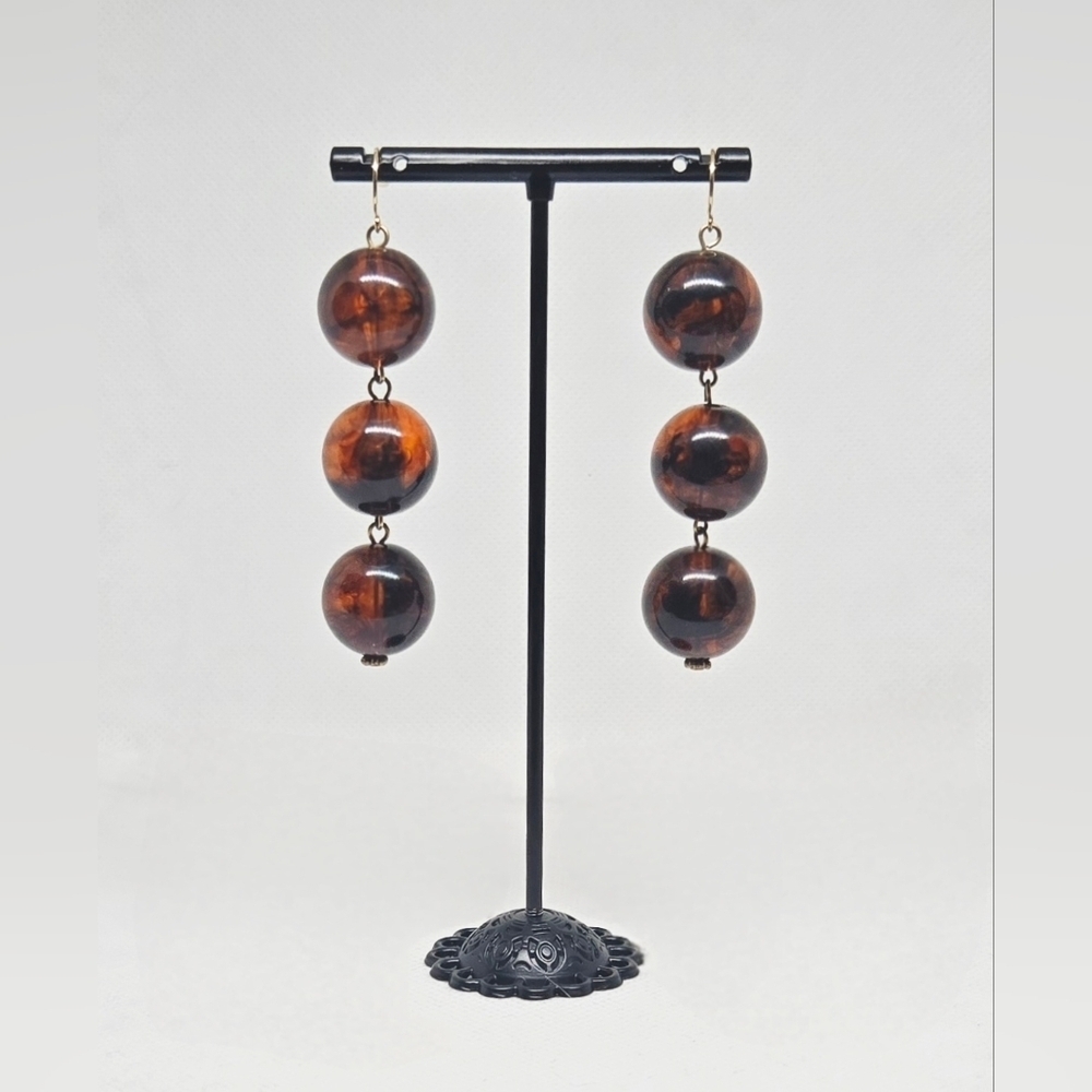 Brown Tortoise Shell Style Beaded Drop Earrings – Retro Statement Jewelry